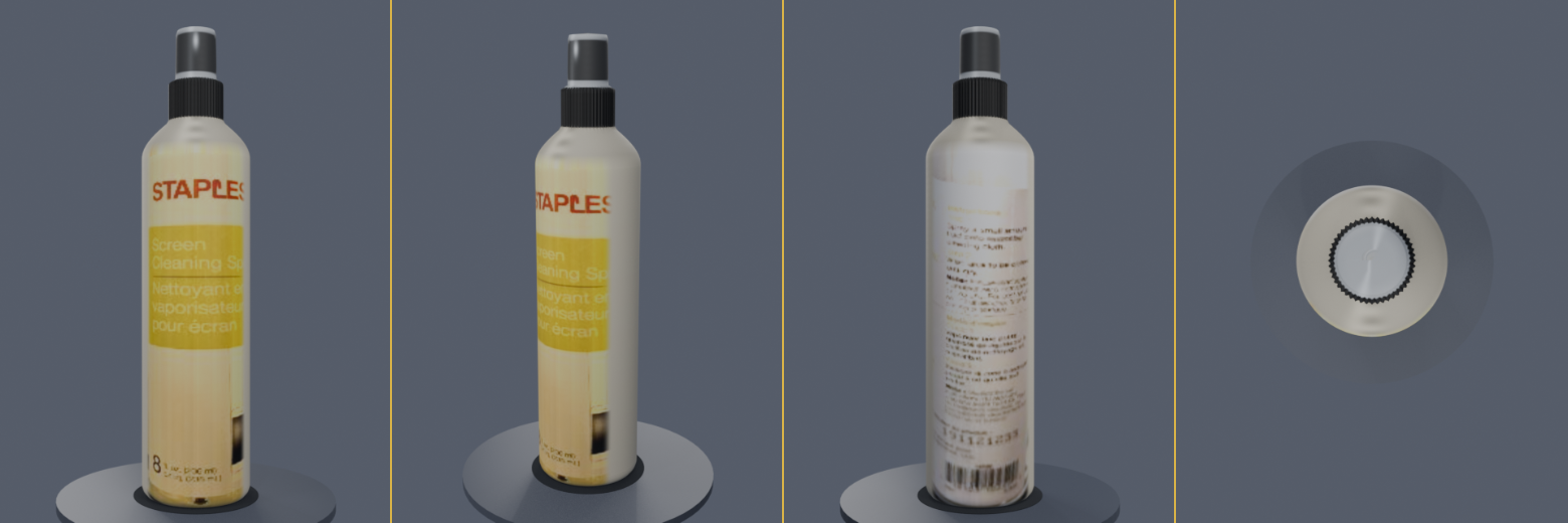 Blender 5.2 4-View Studio Render Sheet (Front, 3D Perspective, Back Barcode, Top View Z+)